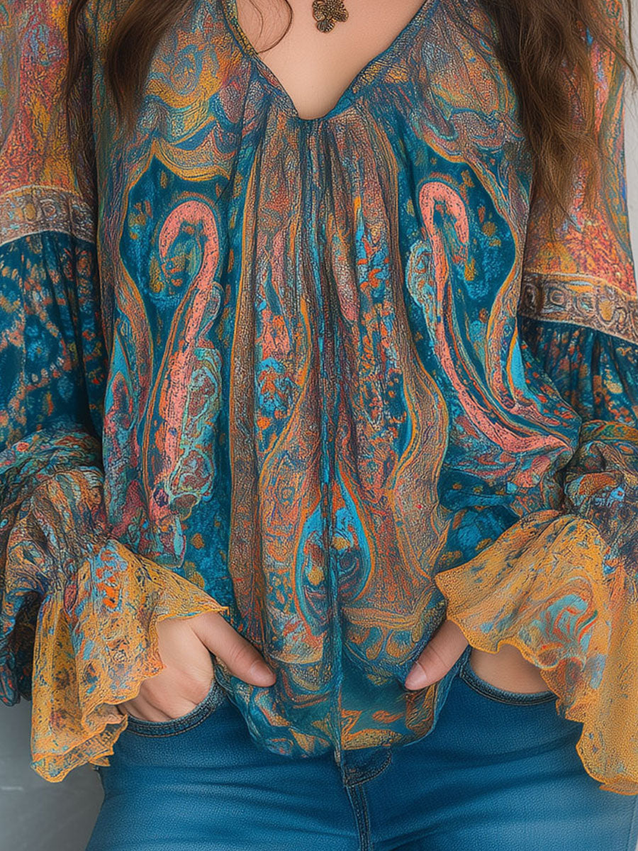 Mira™ | Bohemian Teal & Amber Paisley Chiffon Blouse With Ruffled Cuffs