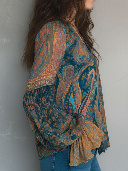 Mira™ | Bohemian Teal & Amber Paisley Chiffon Blouse With Ruffled Cuffs
