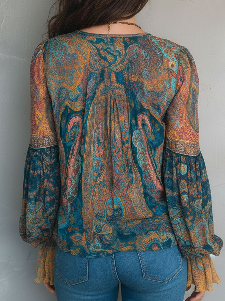 Mira™ | Bohemian Teal & Amber Paisley Chiffon Blouse With Ruffled Cuffs
