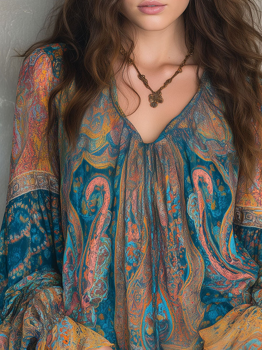 Mira™ | Bohemian Teal & Amber Paisley Chiffon Blouse With Ruffled Cuffs